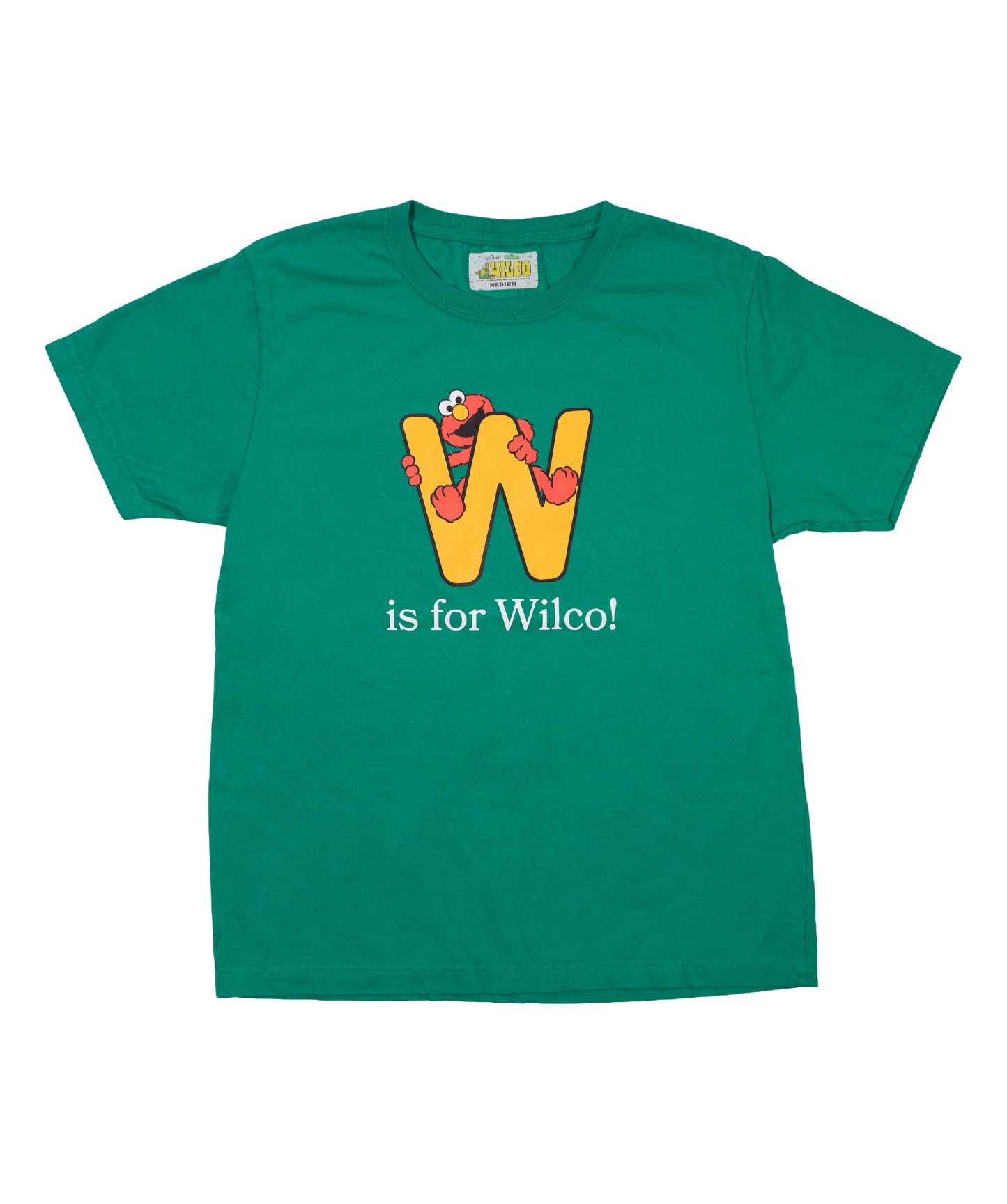 Green t-shirt with a colorful 'W' is for Wilco design with Elmo in the W
