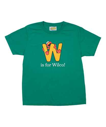 Green t-shirt with a colorful 'W' is for Wilco design with Elmo in the W